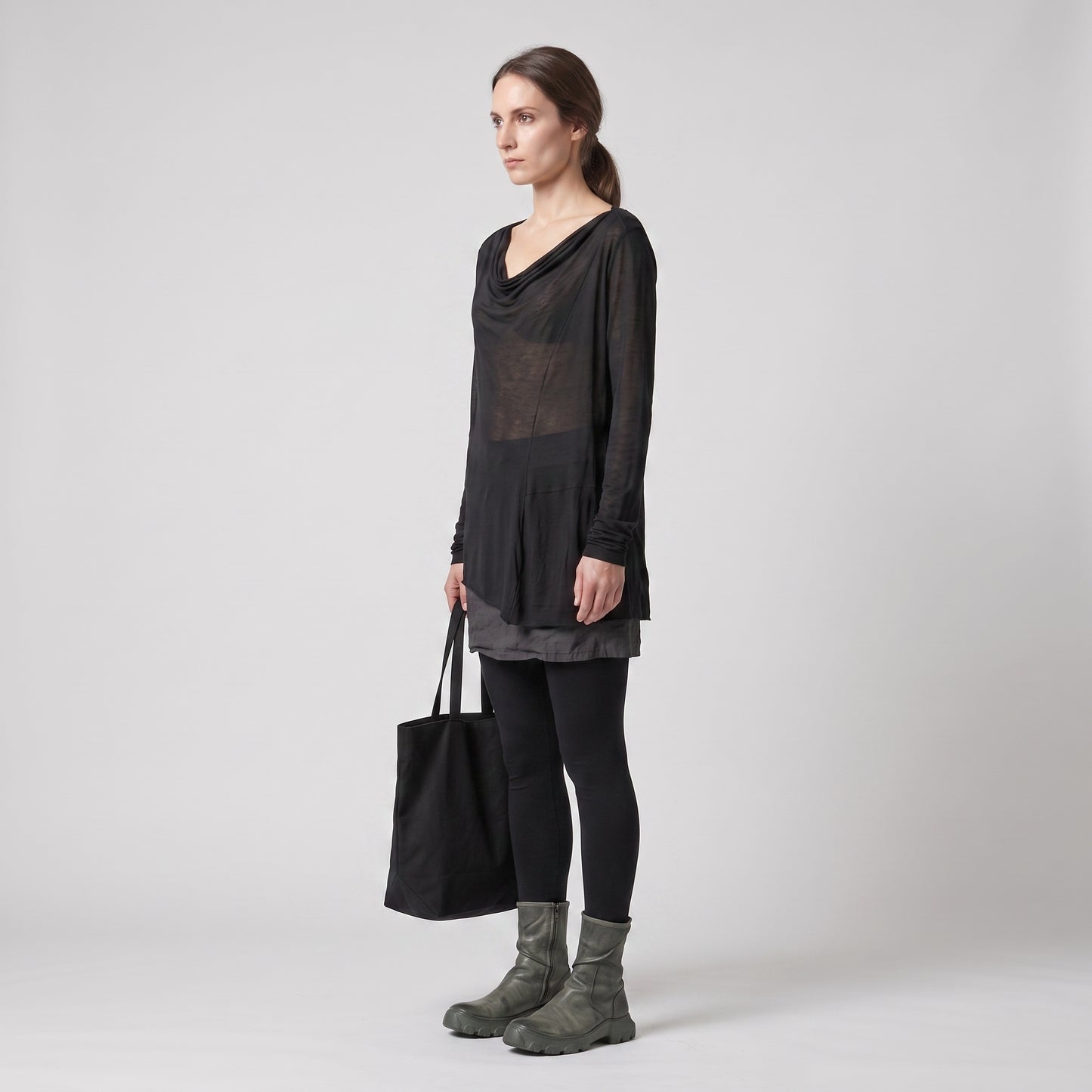 Draped Black Asymmetric Long-Sleeve Top