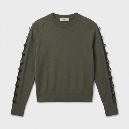 Buckle Detail Olive Knit Sweater