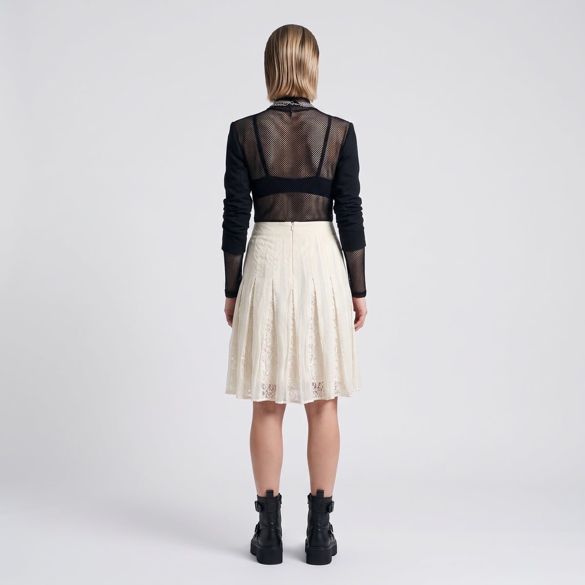 Pleated Lace Insert A-Line Skirt