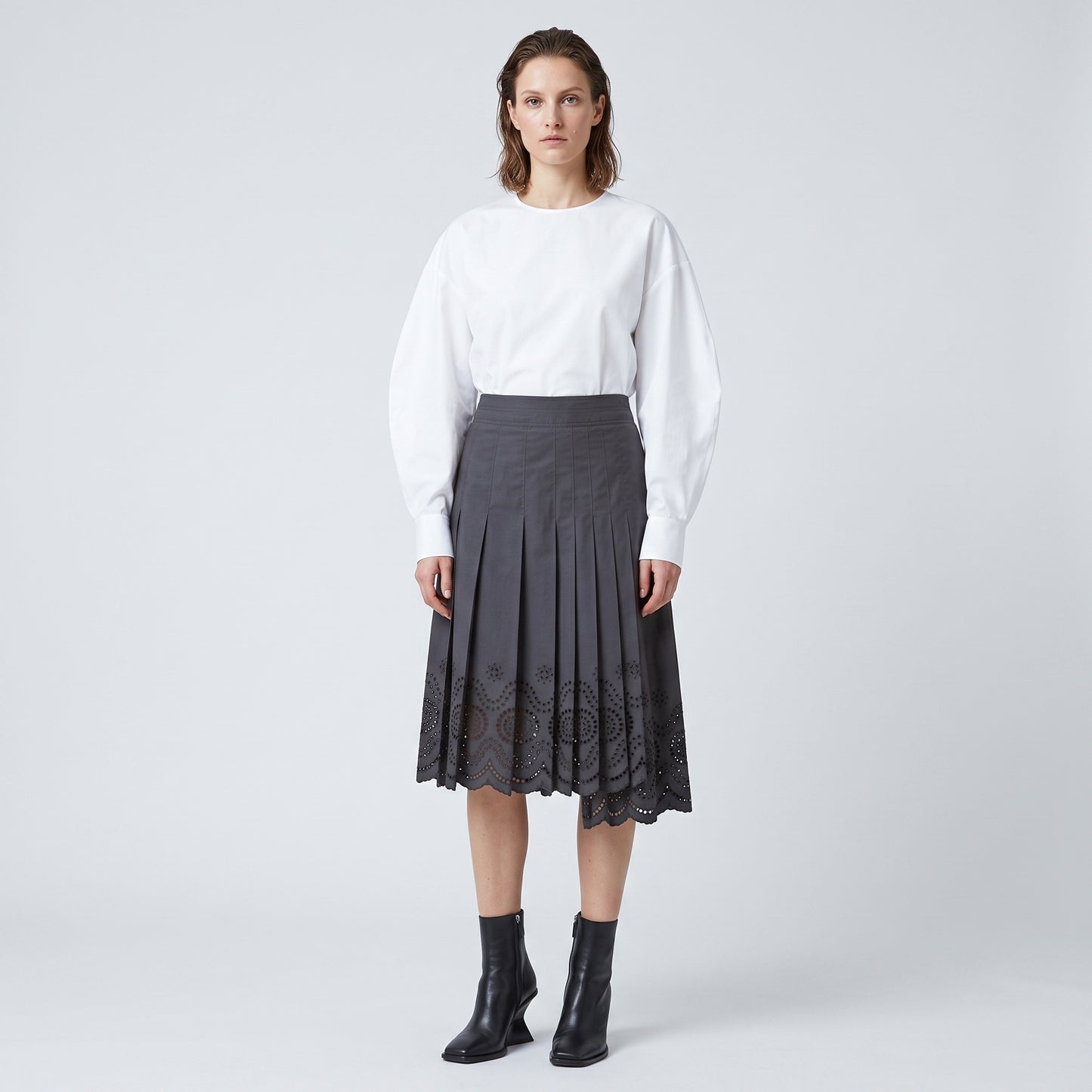 Pleated Eyelet Cotton Midi Skirt