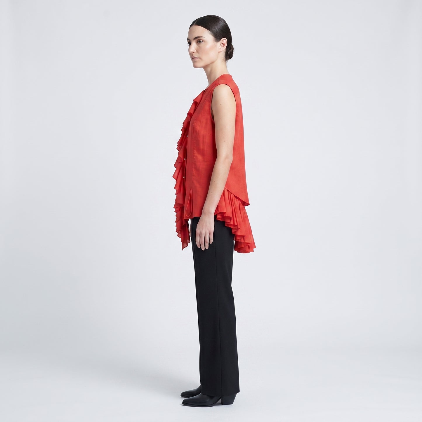 Red Ruffled Sleeveless Blouse