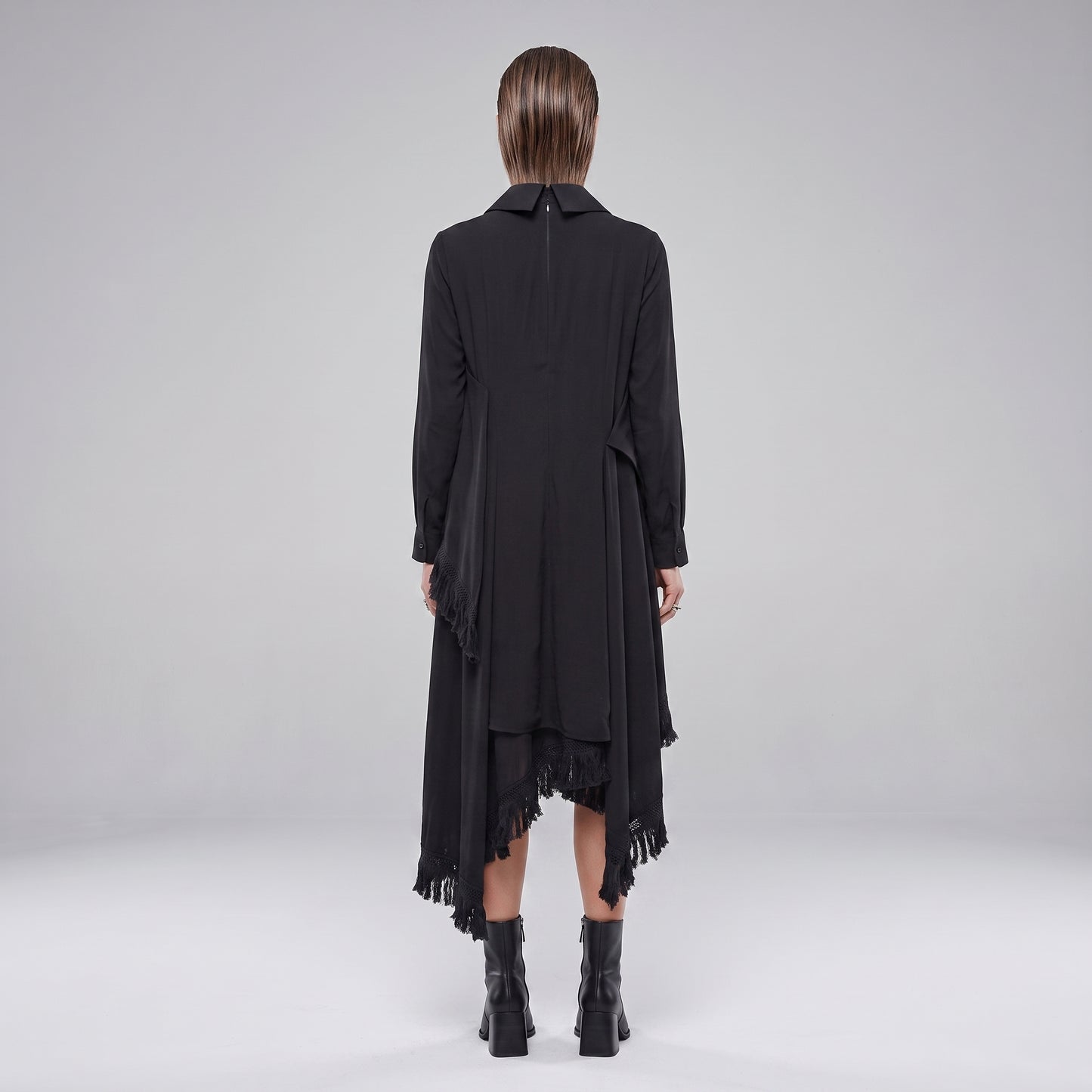 Fringed Asymmetric Black Dress