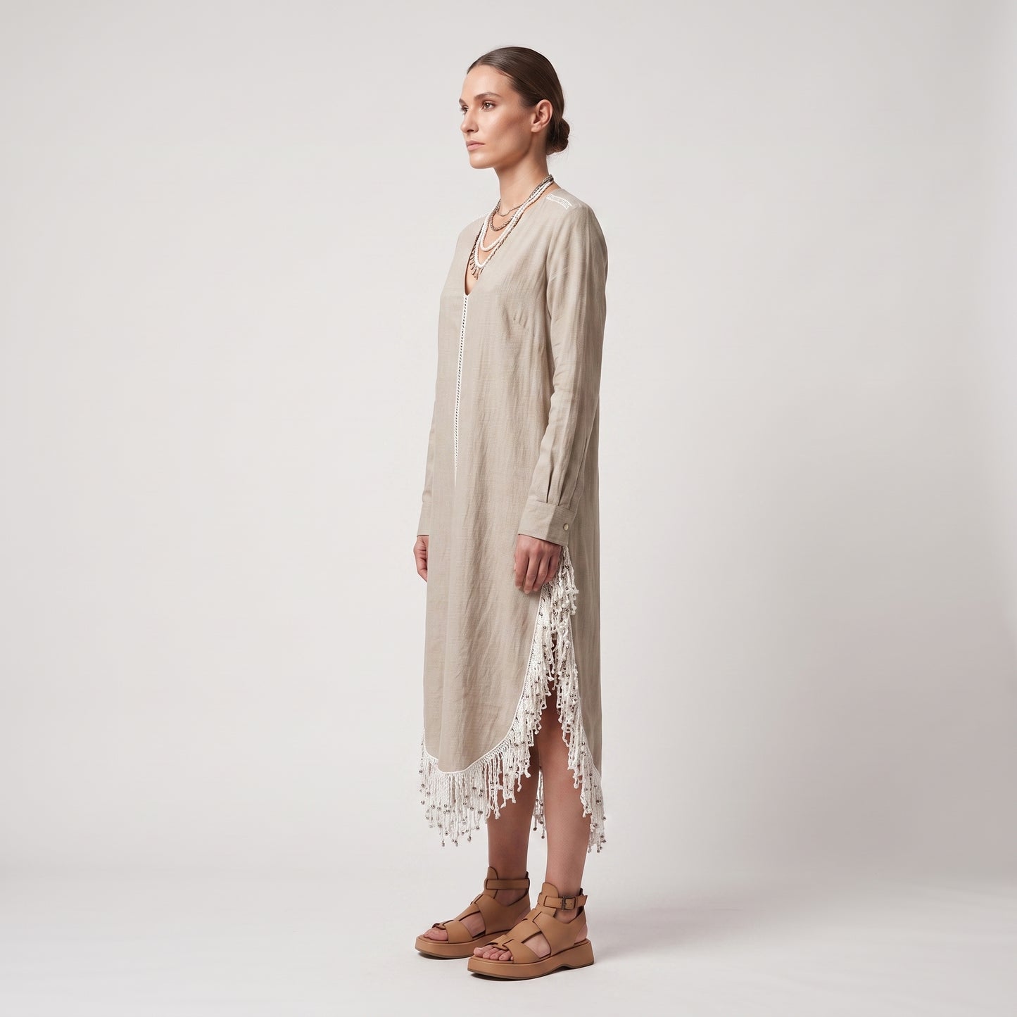 Fringed V-Neck Cotton Tunic