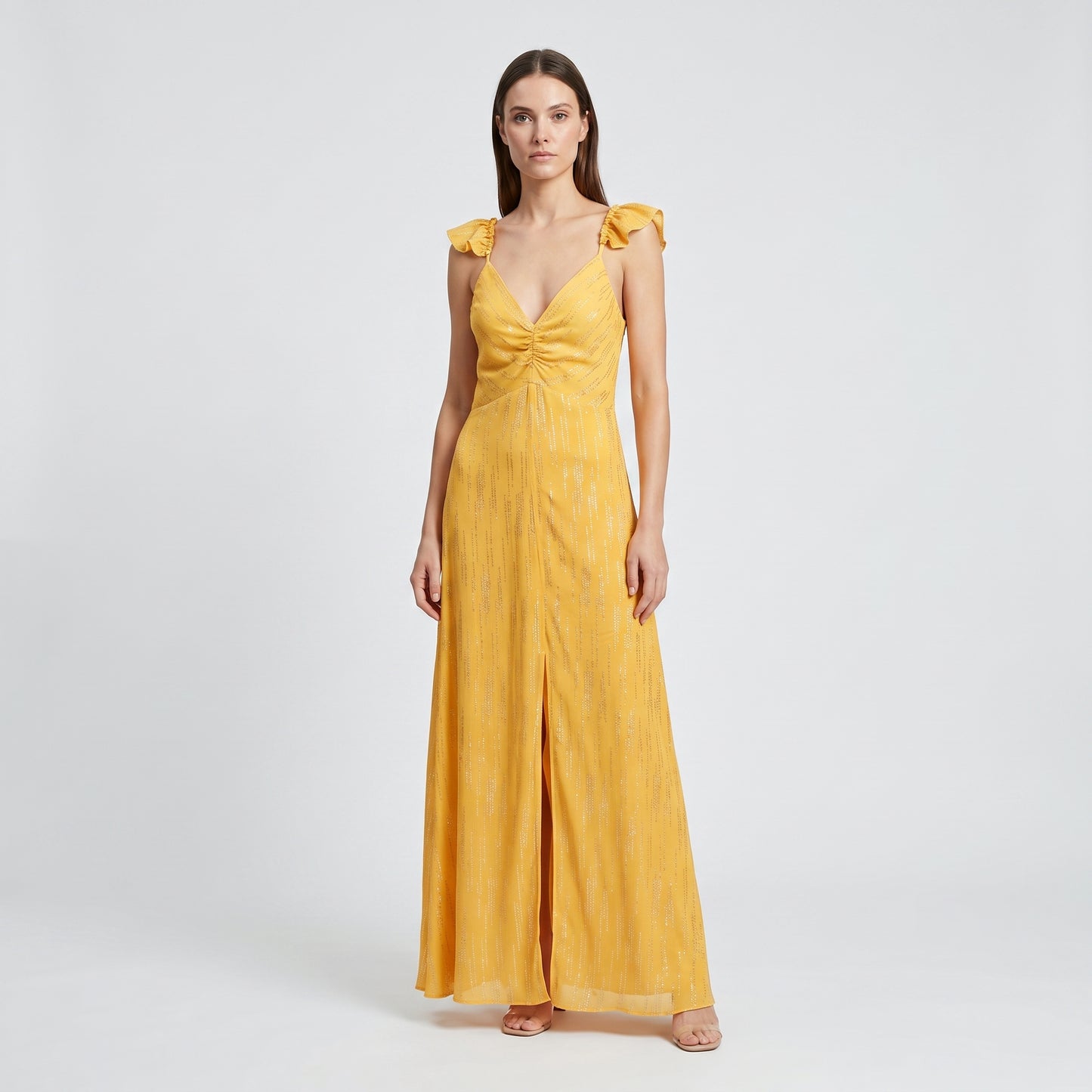Metallic Ruffle Strap Maxi Dress