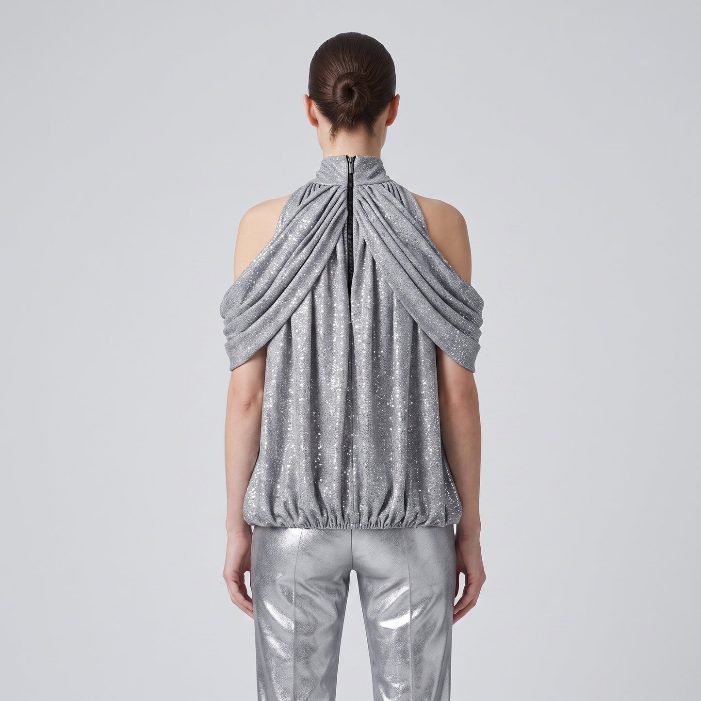 Metallic Draped Mock Neck Top