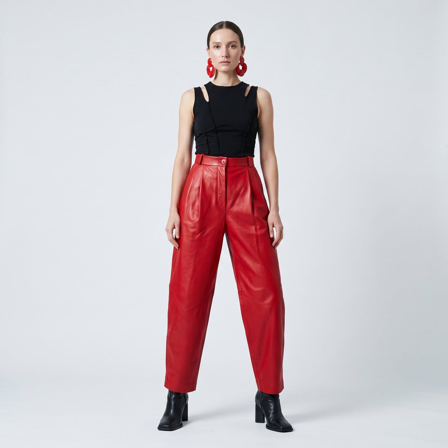 Vibrant Red Leather Tailored Trousers