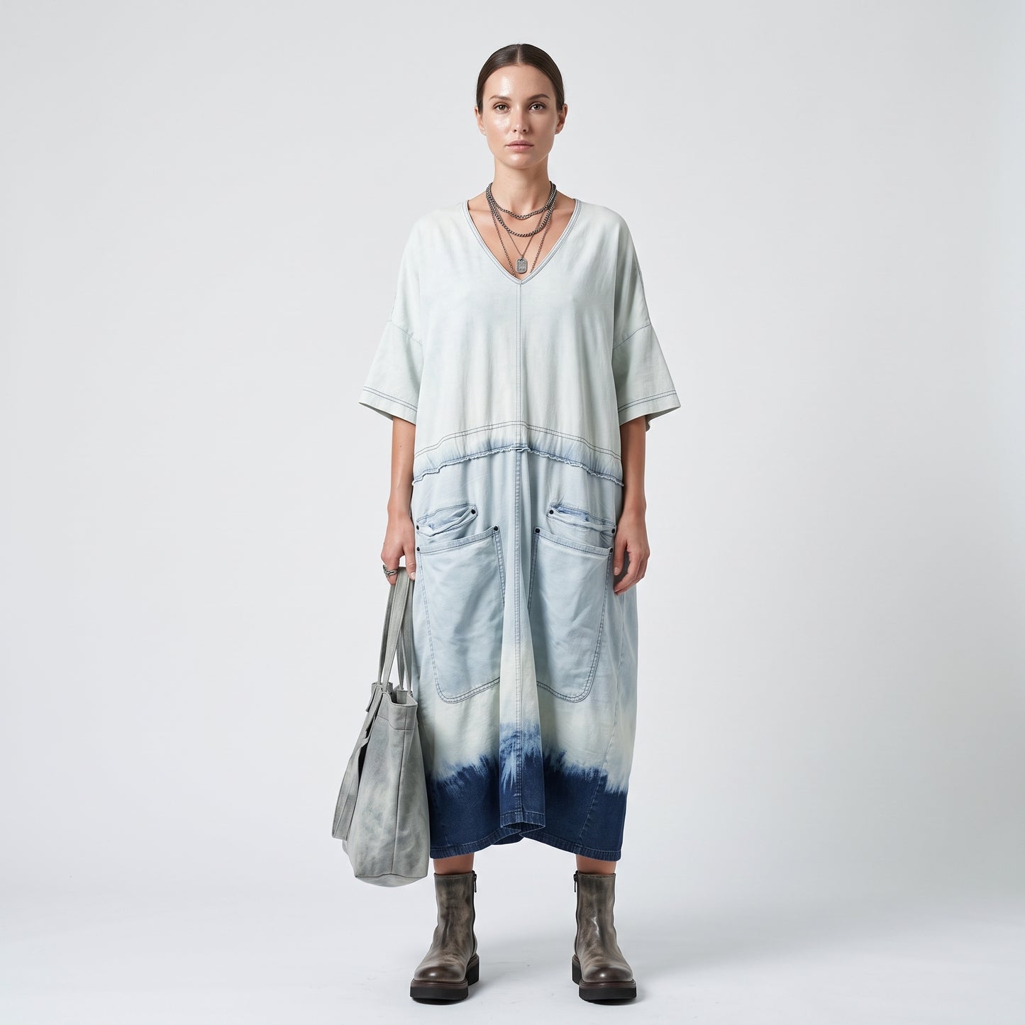 Ombre V-Neck Denim Midi Dress