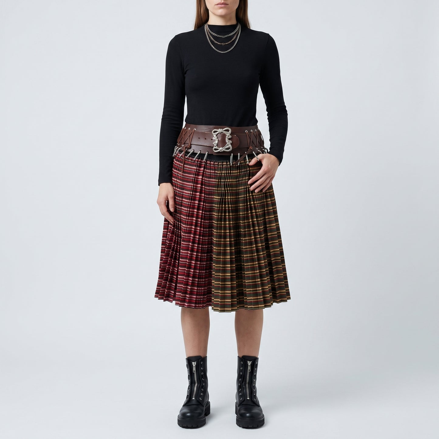 Paneled Tartan Pleated Midi Skirt
