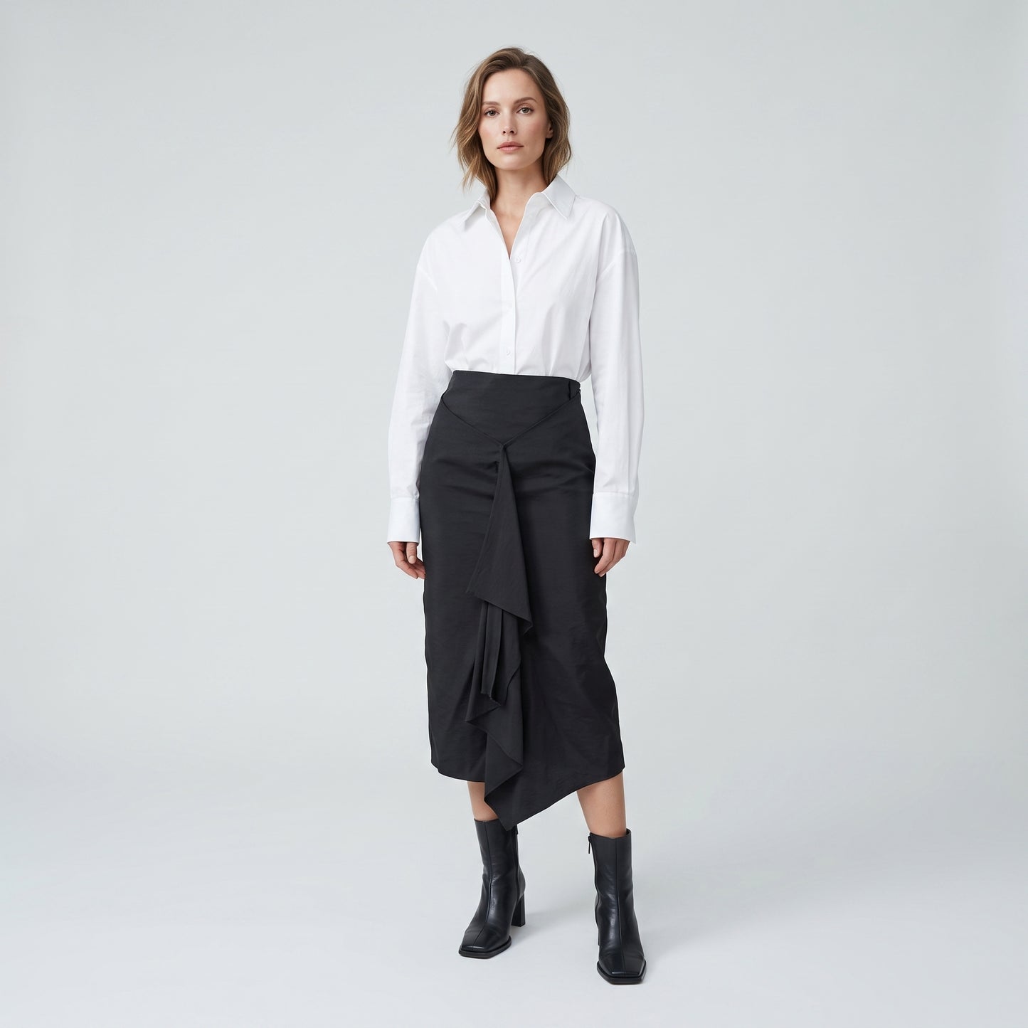 Black Draped Midi Skirt
