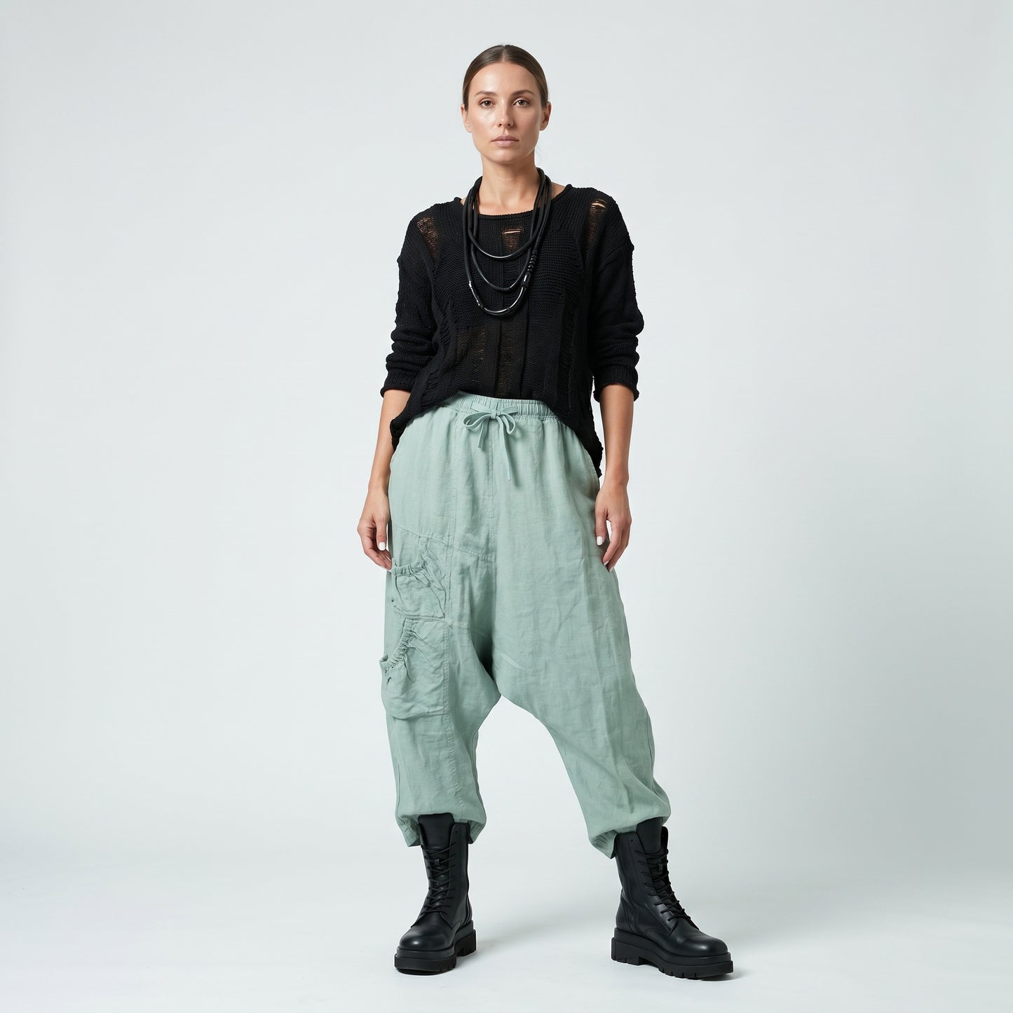 Linen Drop Crotch Cropped Trousers