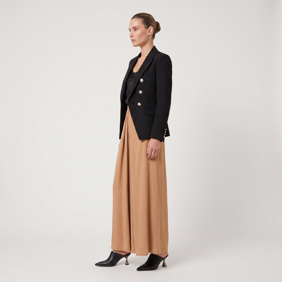 Camel Pleated Wide-Leg Trousers