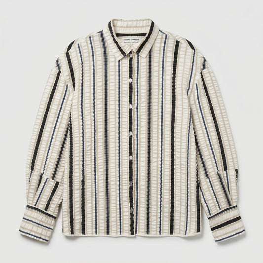Striped Puckered Button-Down Shirt