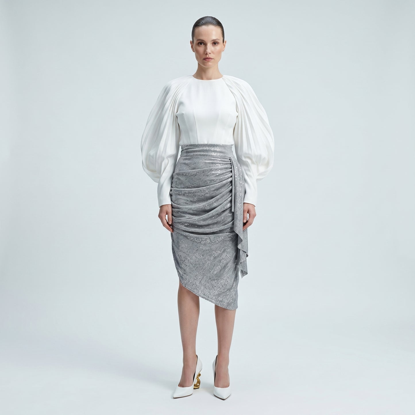 Metallic Draped Asymmetric Skirt