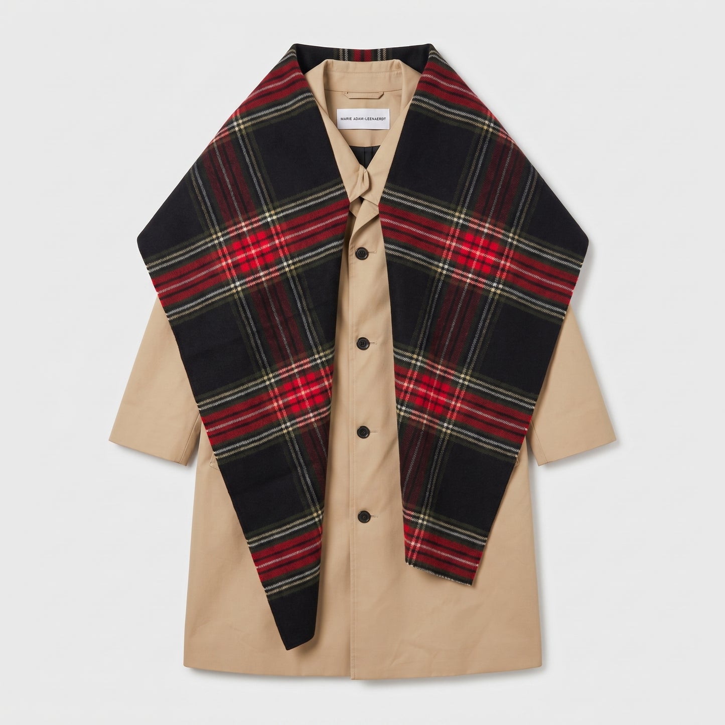 Tartan Paneled Beige Trench Coat