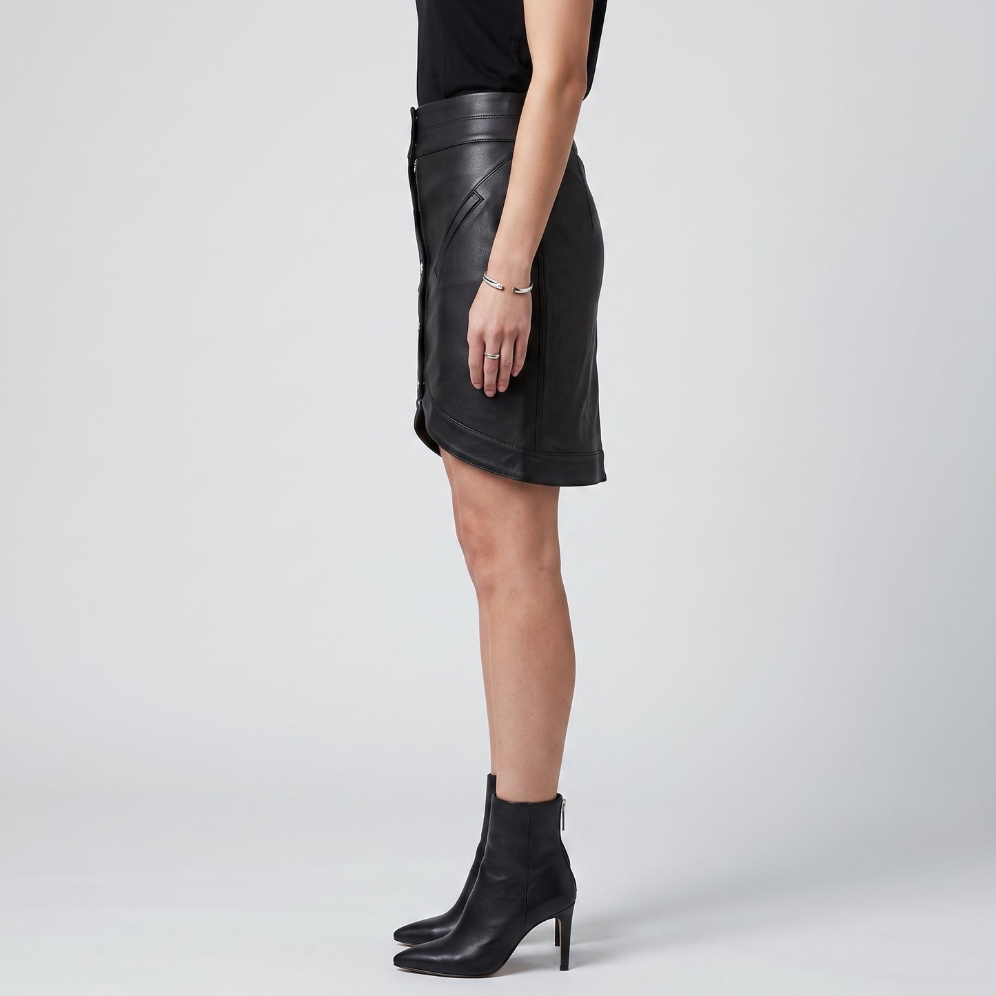 Asymmetric Button-Front Leather Skirt