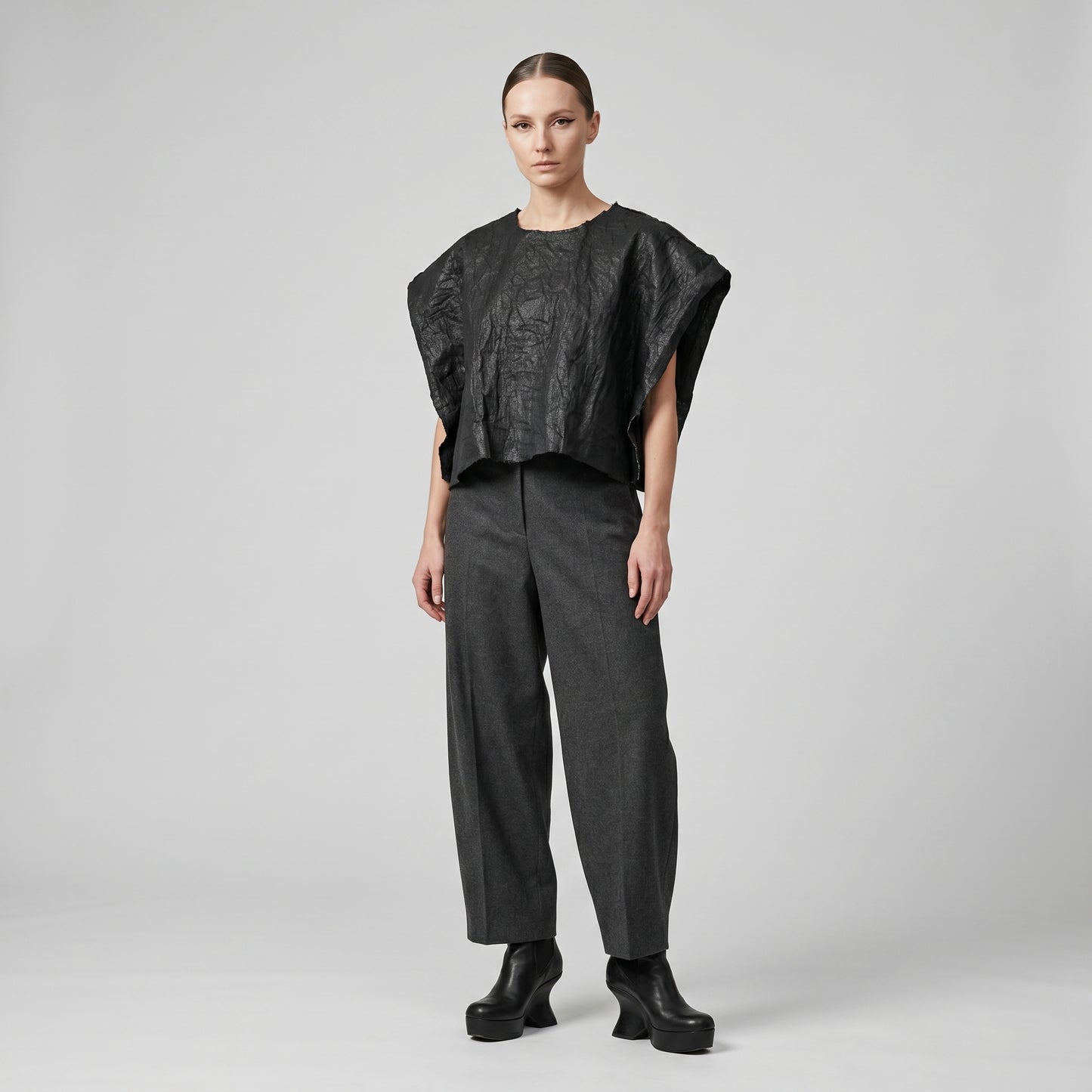 Black Textured Boxy Top