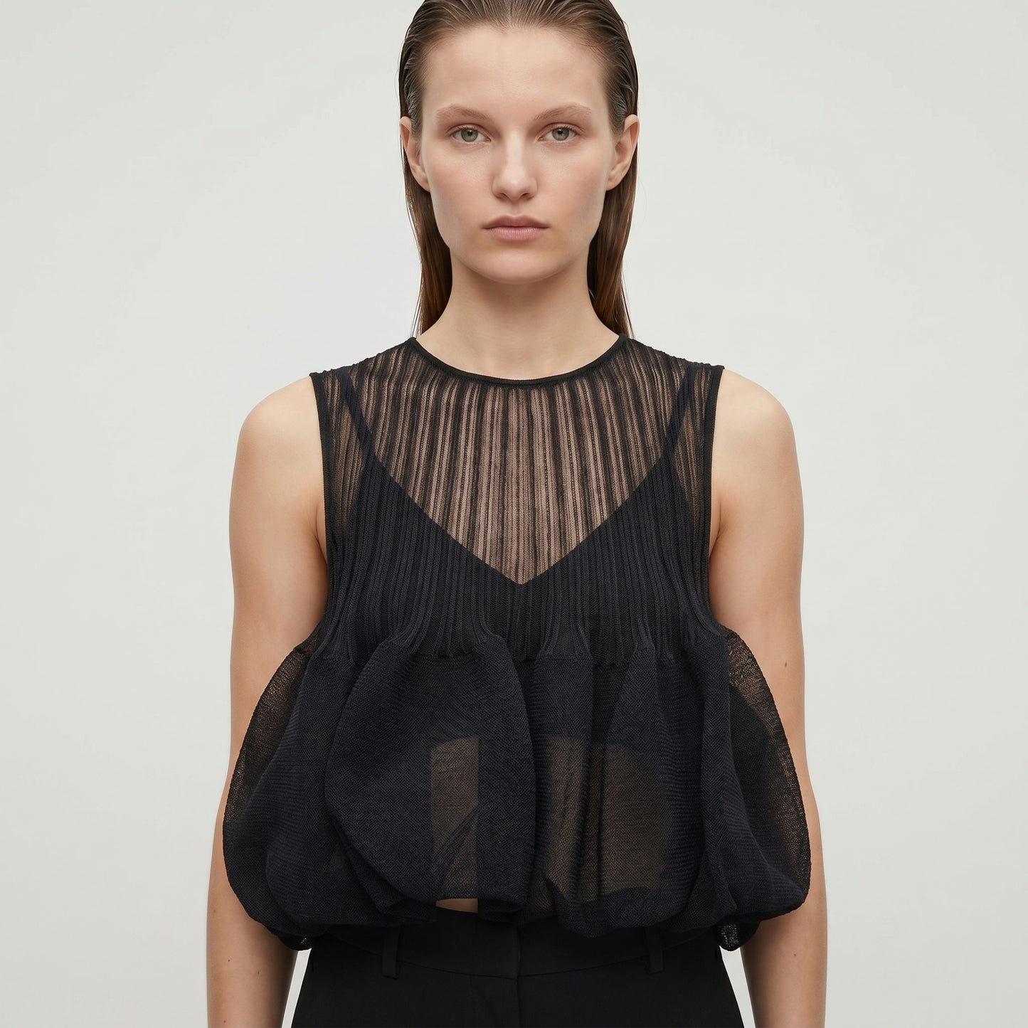 Sheer Pleated Peplum Top