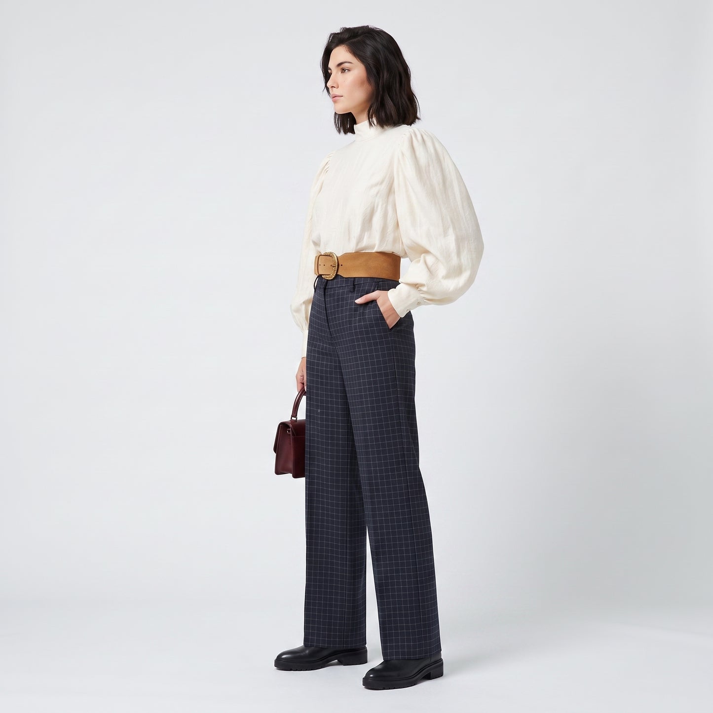 Checked Tailored Wide Leg Trousers