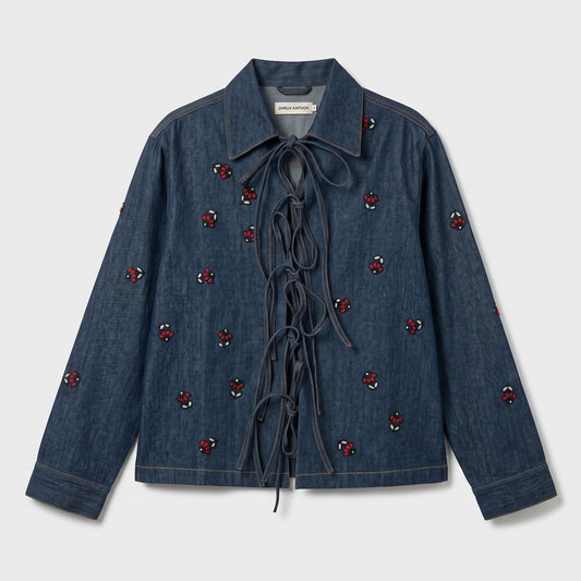 Embroidered Lace-Up Denim Jacket