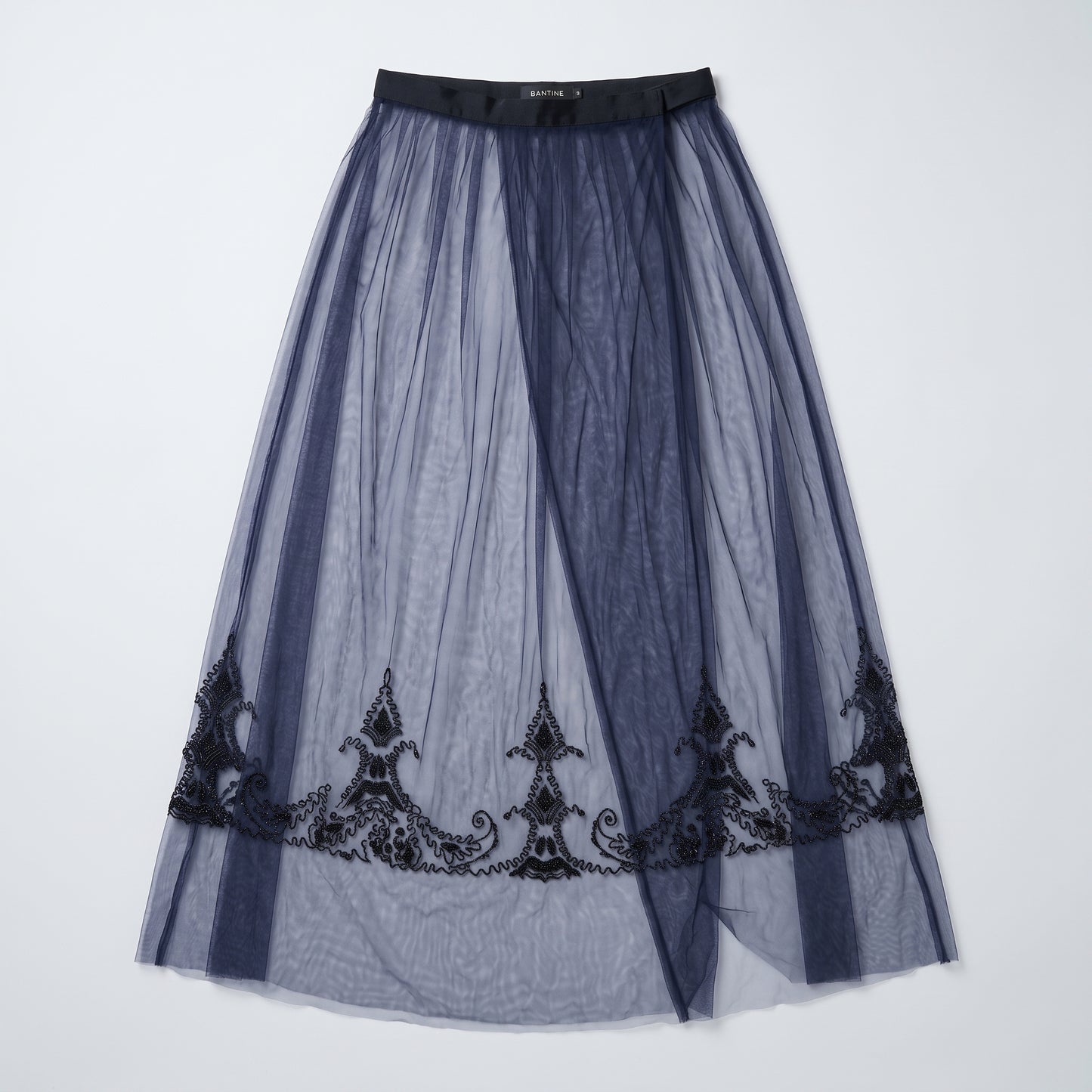 Embroidered Navy Tulle Midi Skirt