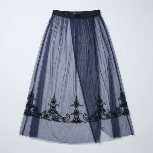 Embroidered Navy Tulle Midi Skirt