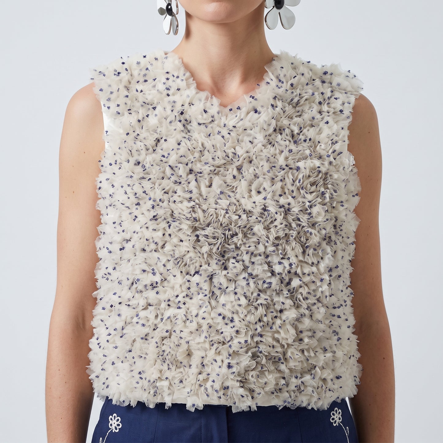 Embellished Floral Ruffle Sleeveless Vest