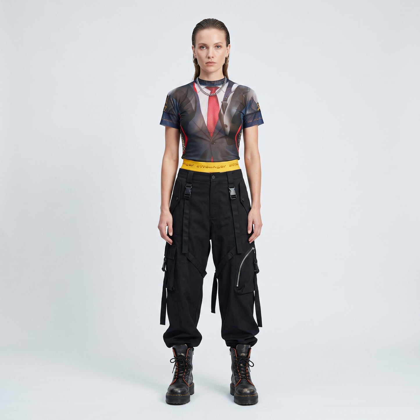 Trompe L'oeil Print Mesh Top
