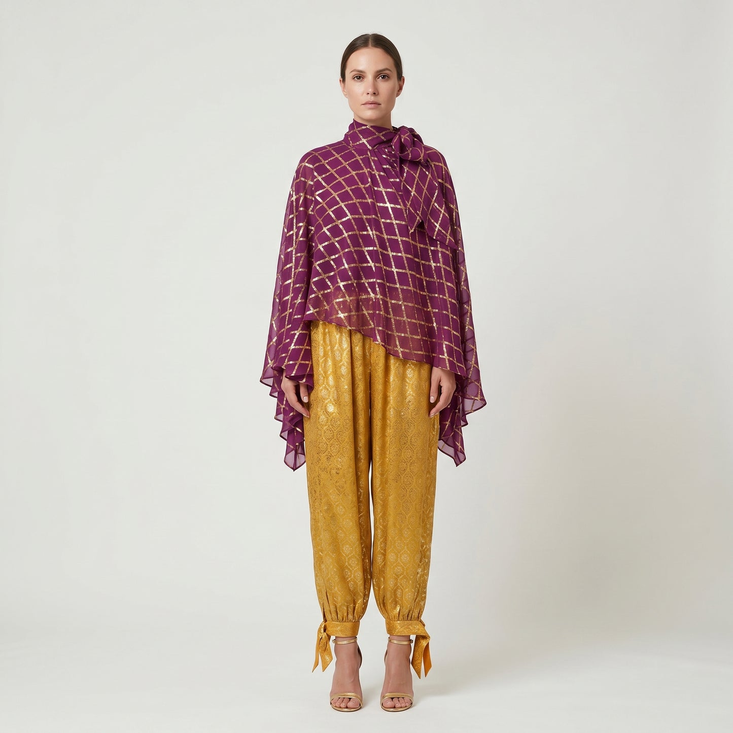 Metallic Grid Tie-Neck Cape