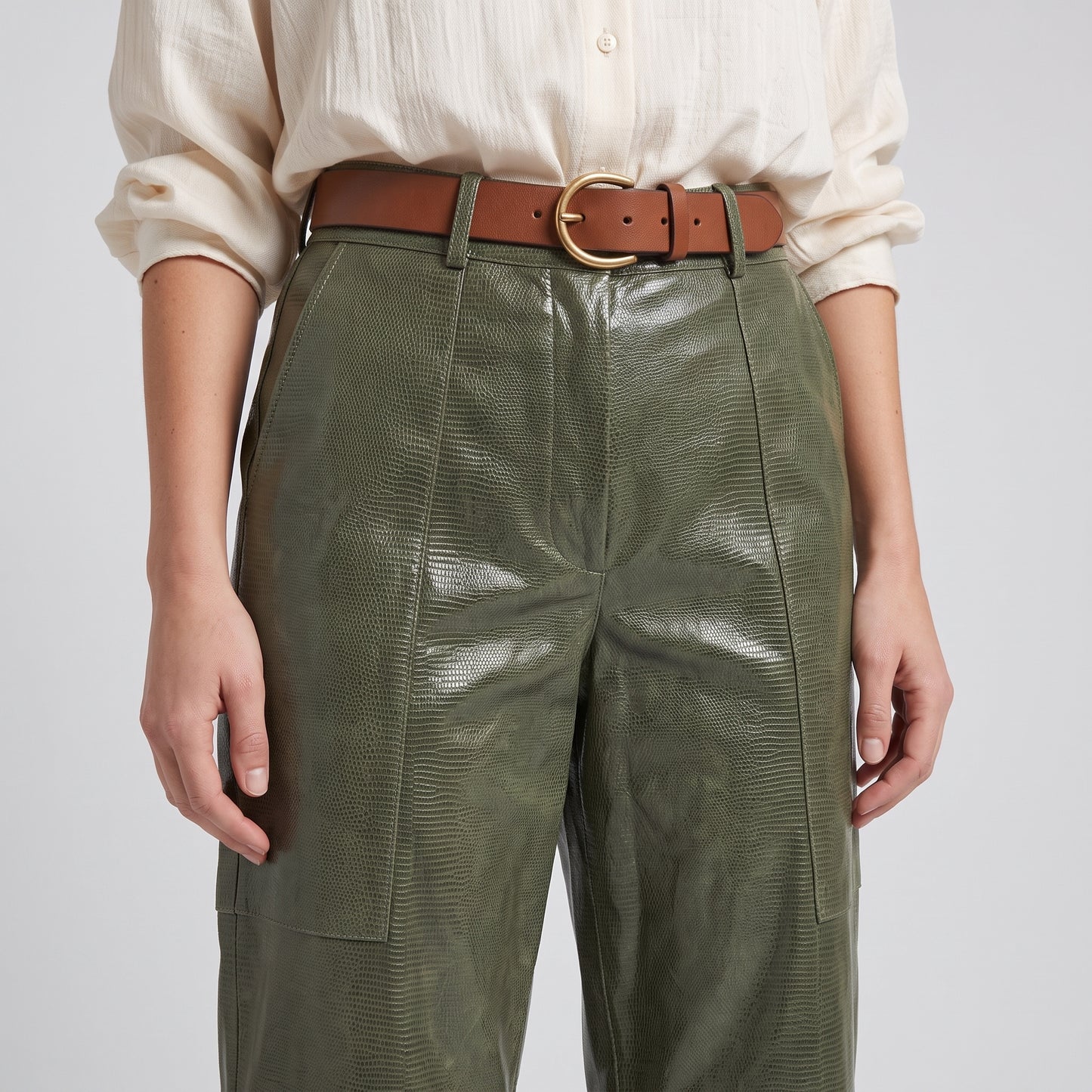High-Waisted Olive Patent Trousers