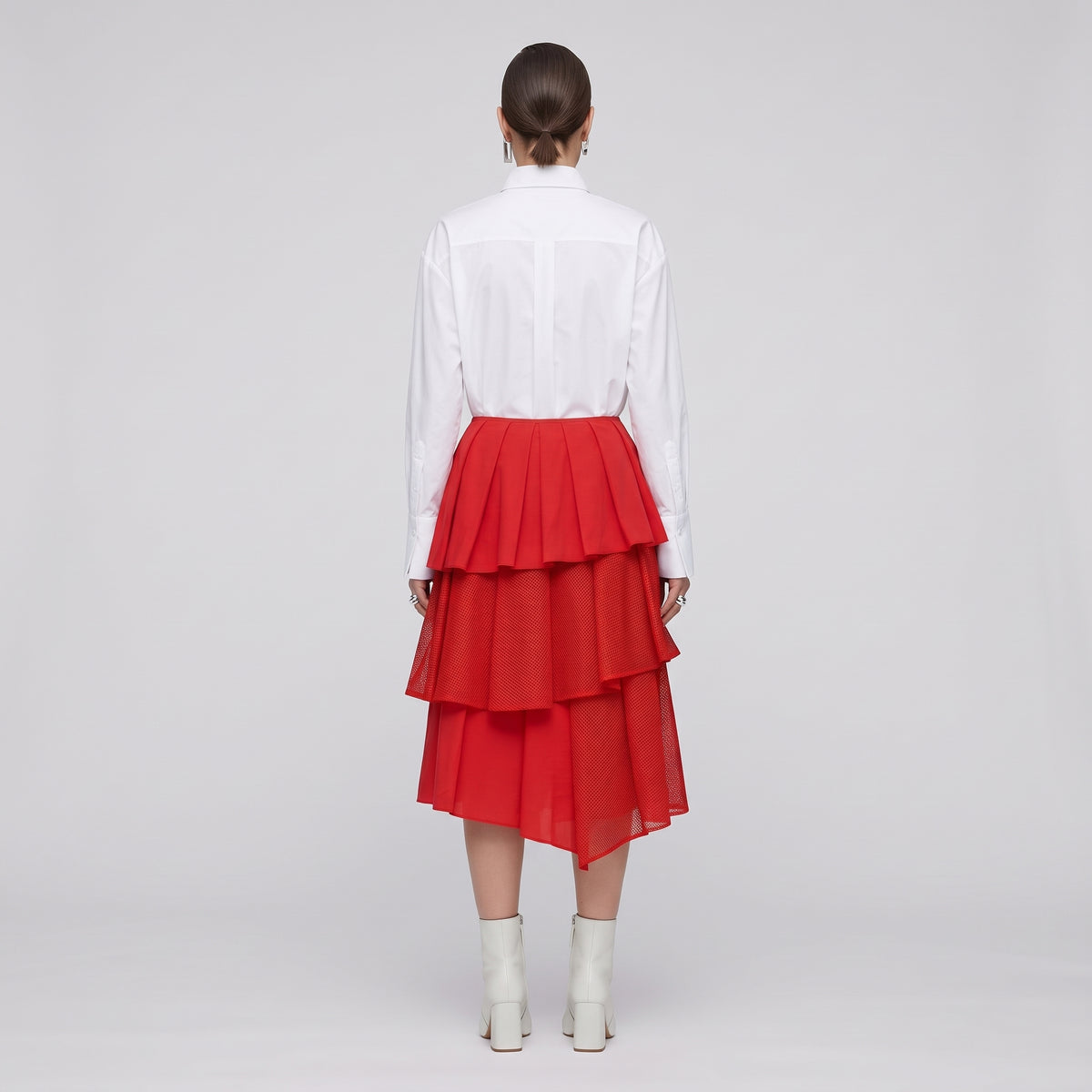 Red Tiered Pleated Midi Skirt