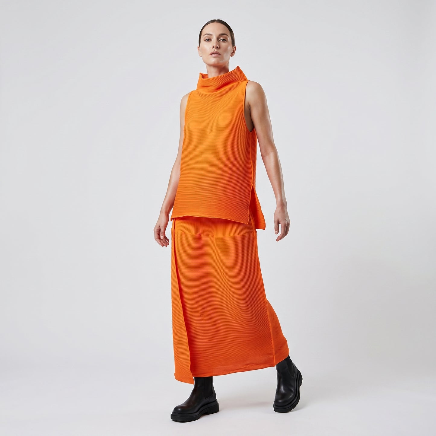 Orange Pleated Sleeveless Top