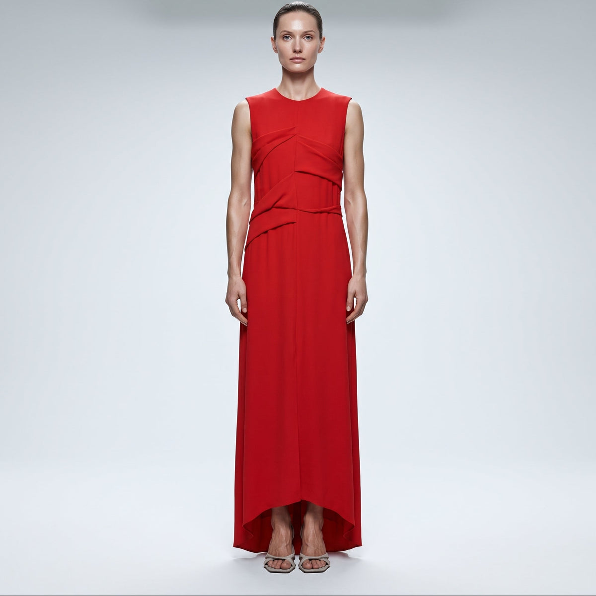 Sleeveless Draped Red Midi Dress