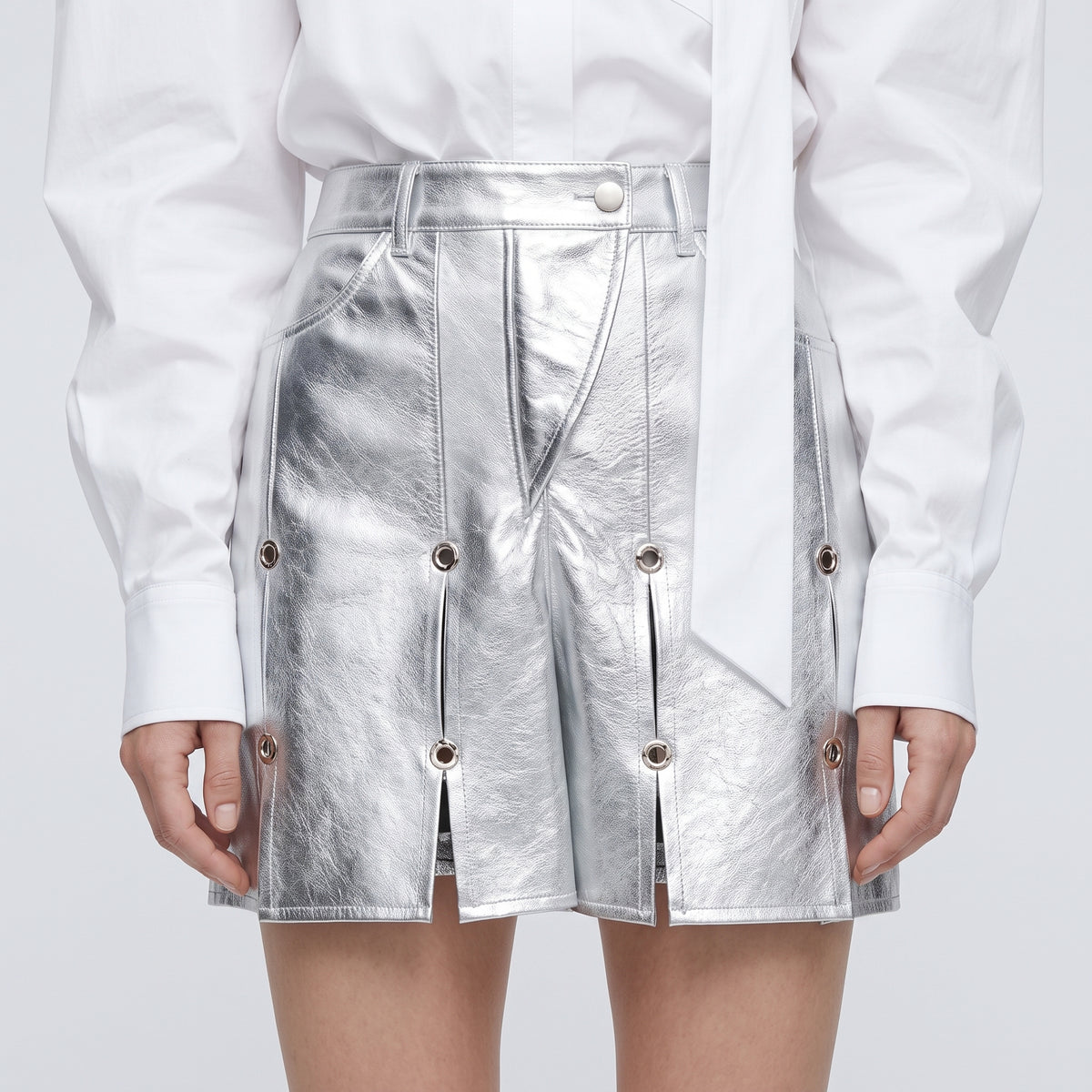 Metallic Silver Grommet Detail Shorts