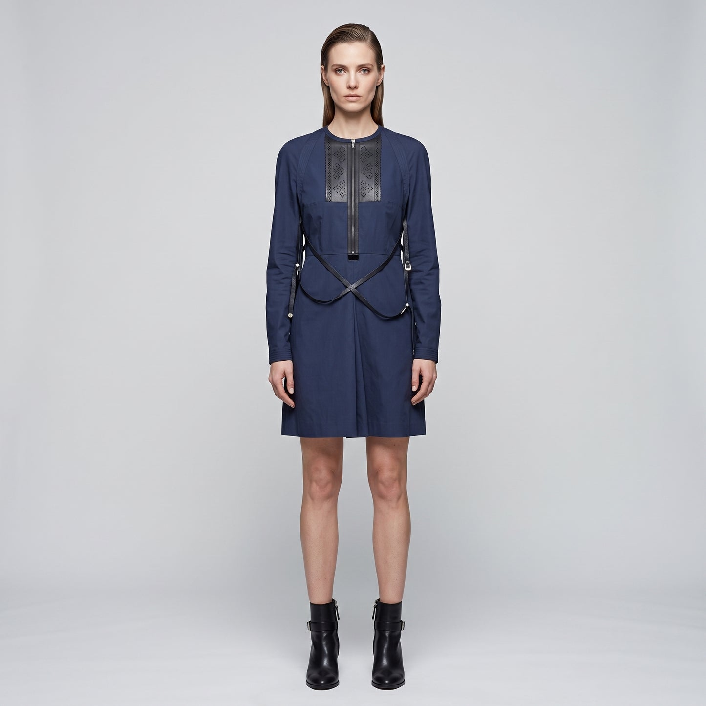Navy Leather Trimmed Mini Dress