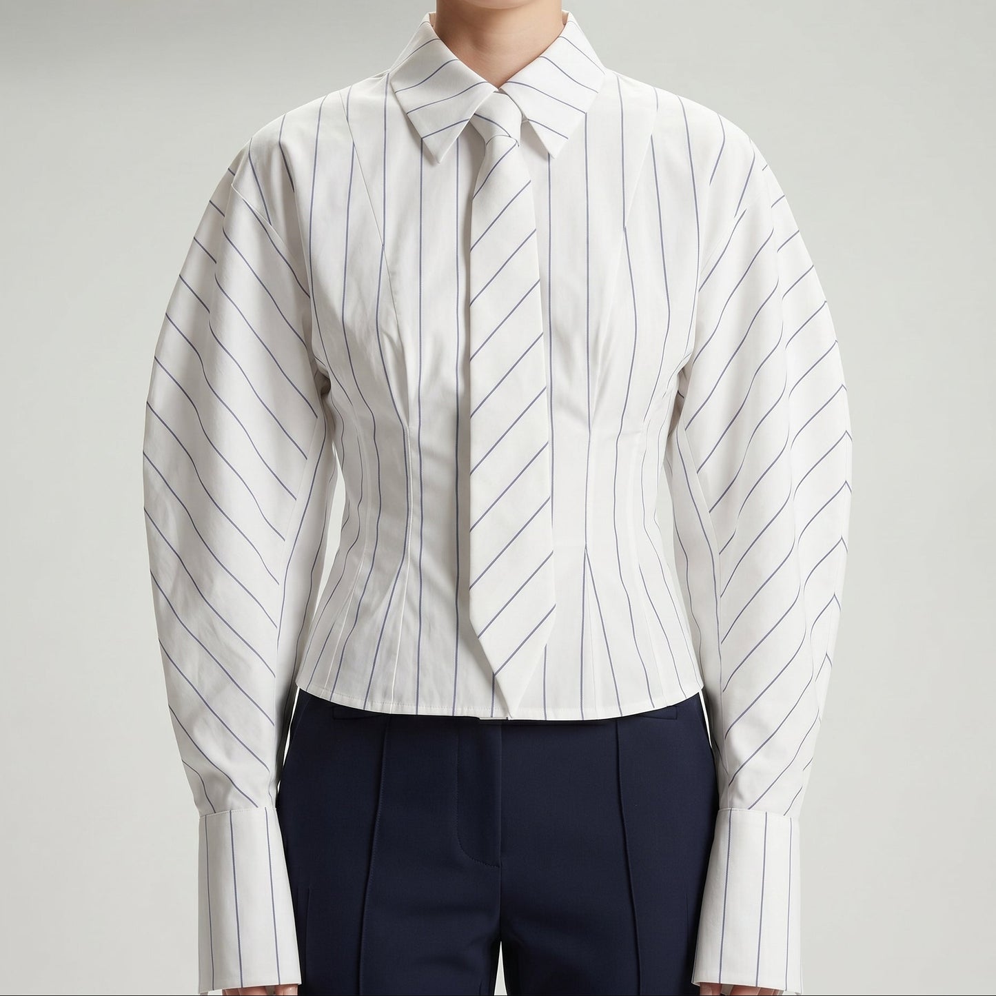 Striped Tailored Tie-Neck Shirt