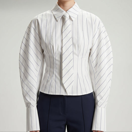 Striped Tailored Tie-Neck Shirt