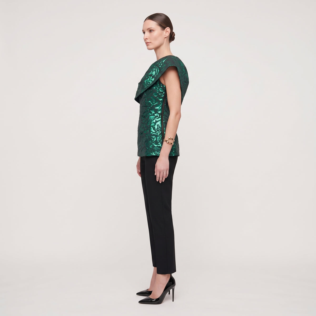 Metallic Brocade One-Shoulder Top