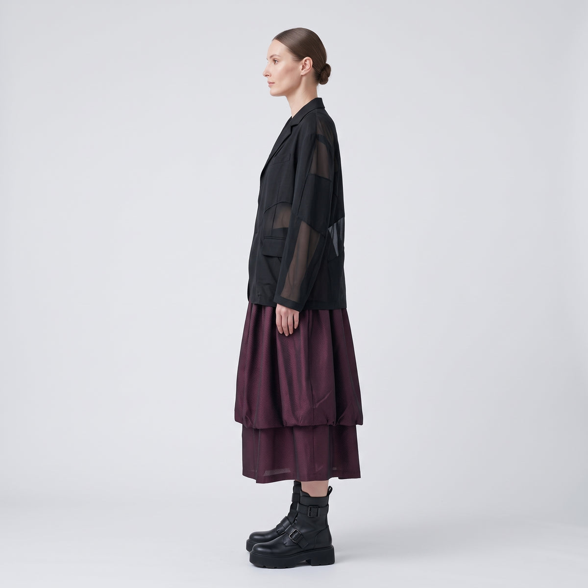 Pleated Burgundy Layered Midi Skirt