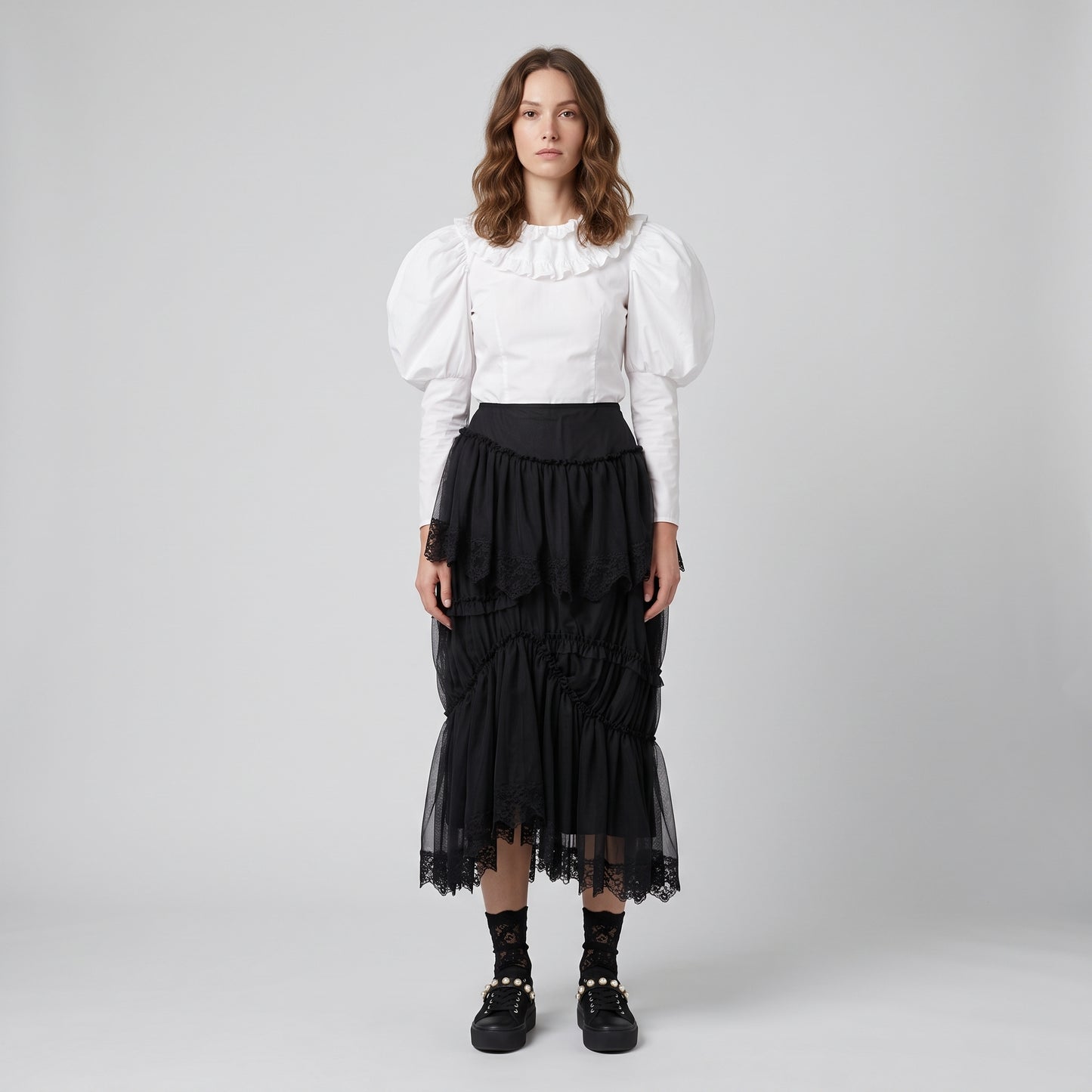 Tiered Tulle Lace Midi Skirt