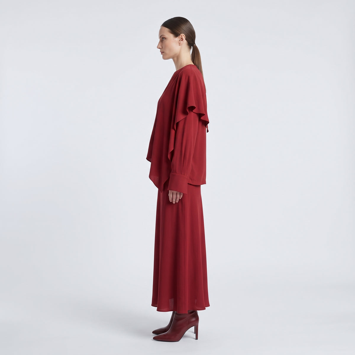 Red Asymmetric Ruffle Hem Blouse