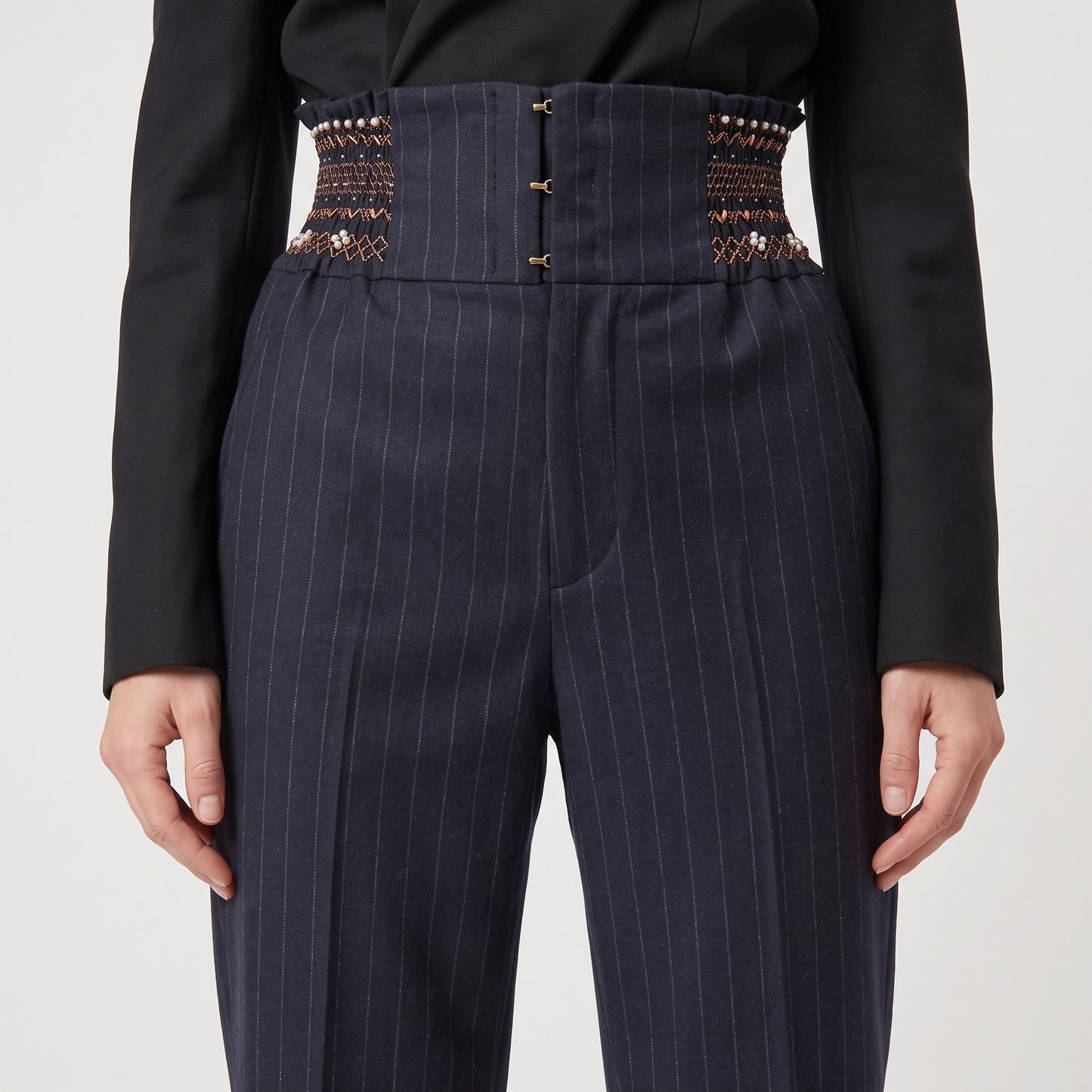 Pinstripe Embroidered High-Waisted Trousers