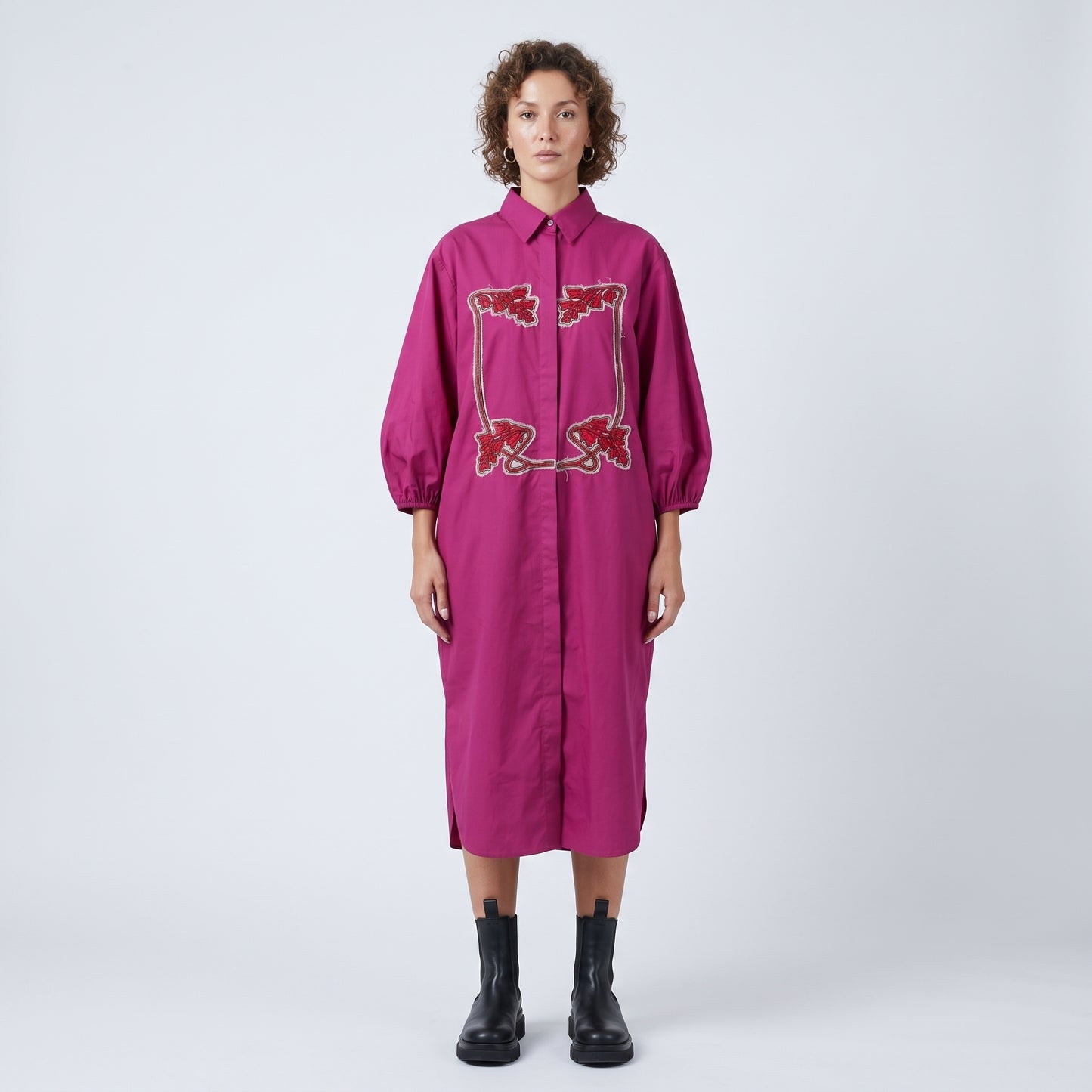 Embroidered Fuchsia Shirt Dress