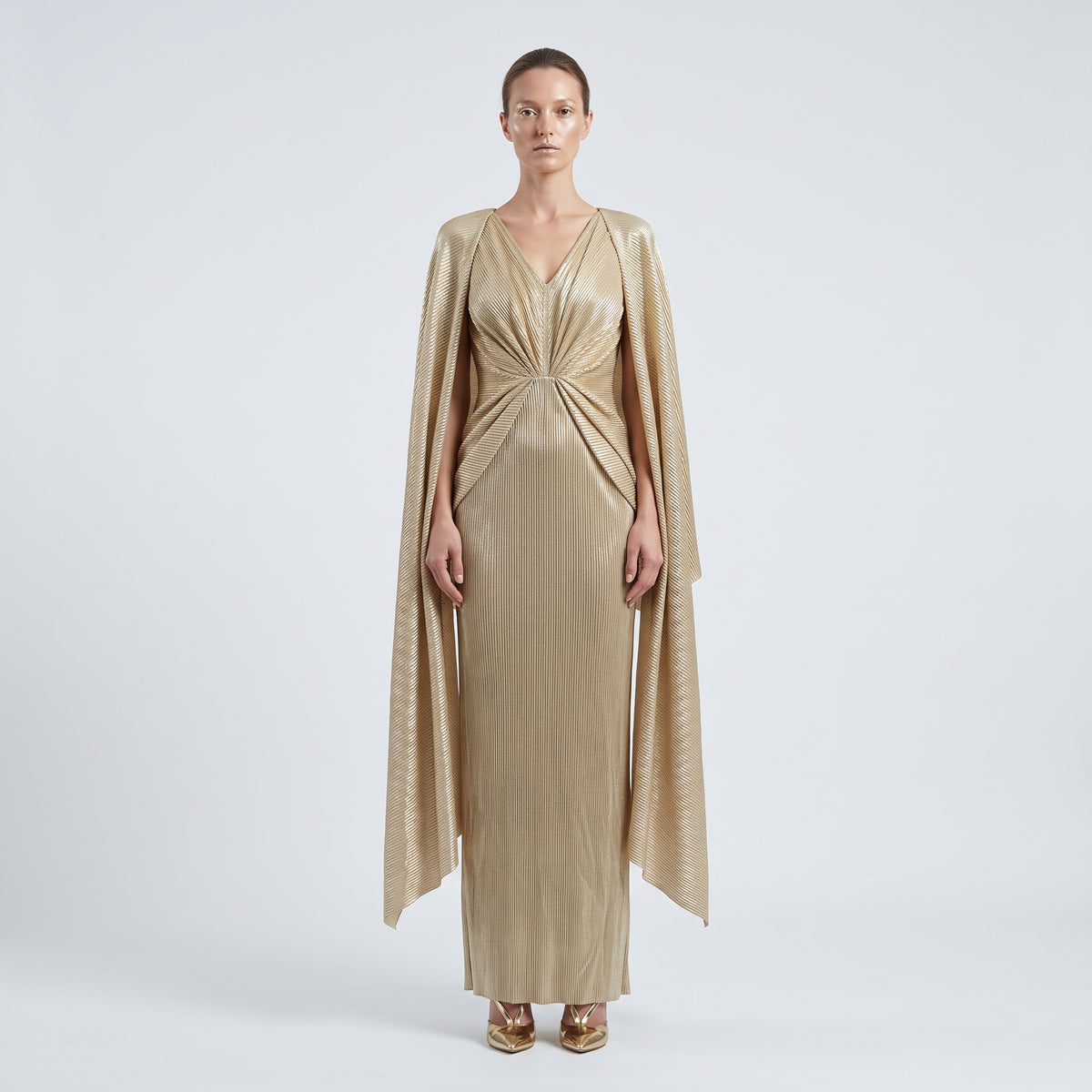 Metallic Pleated Cape Midi Dress