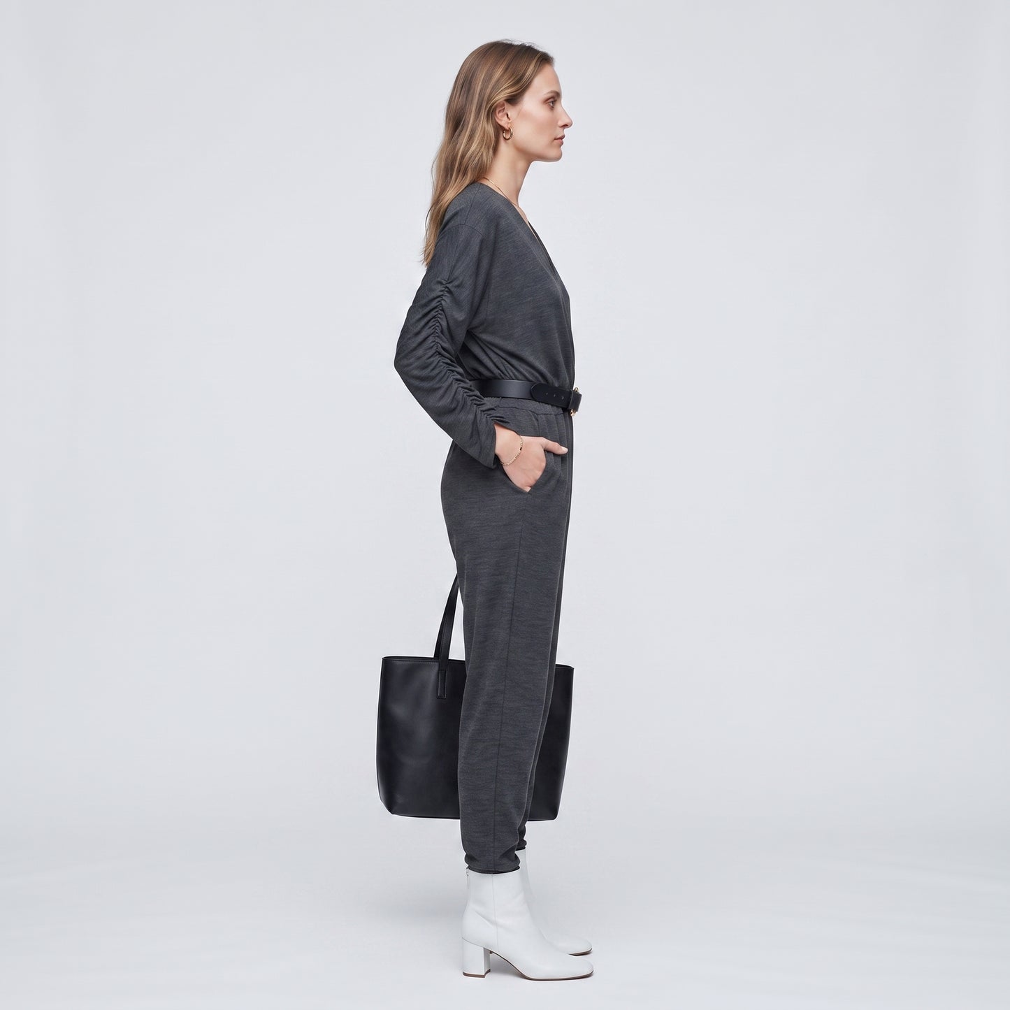 Charcoal V-Neck Ruched Jumpsuit