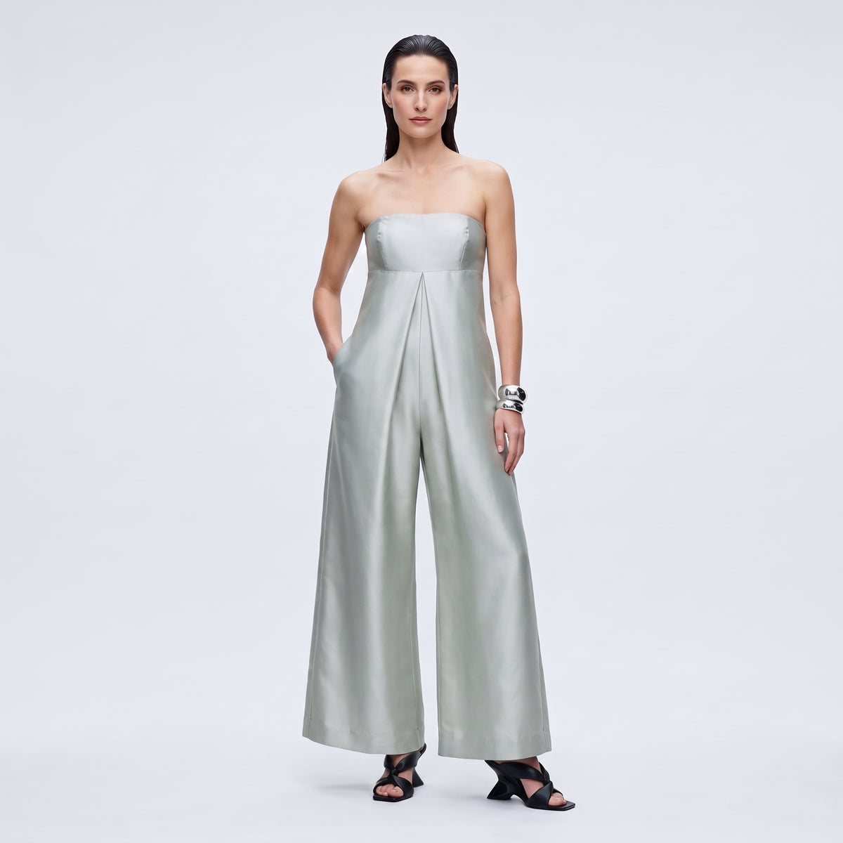 Metallic Strapless Wide Leg Jumpsuit