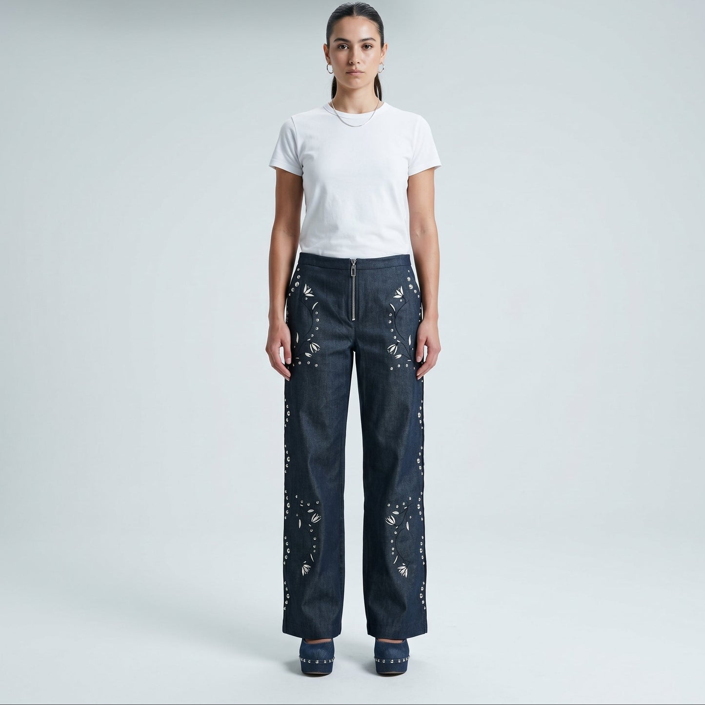 Embellished Floral Denim Trousers