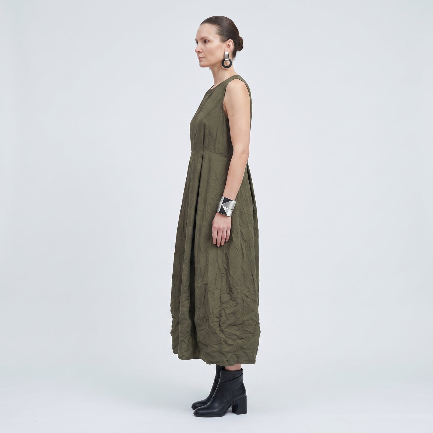 Pleated Olive Midi Dress