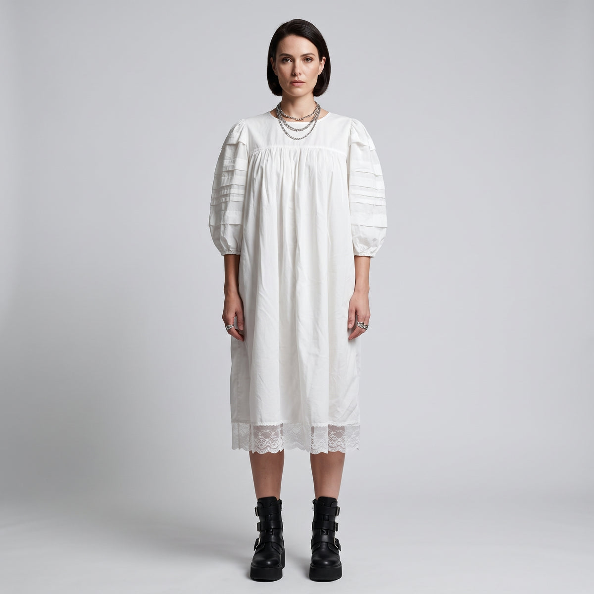 Pleated Sleeve Lace Hem Dress