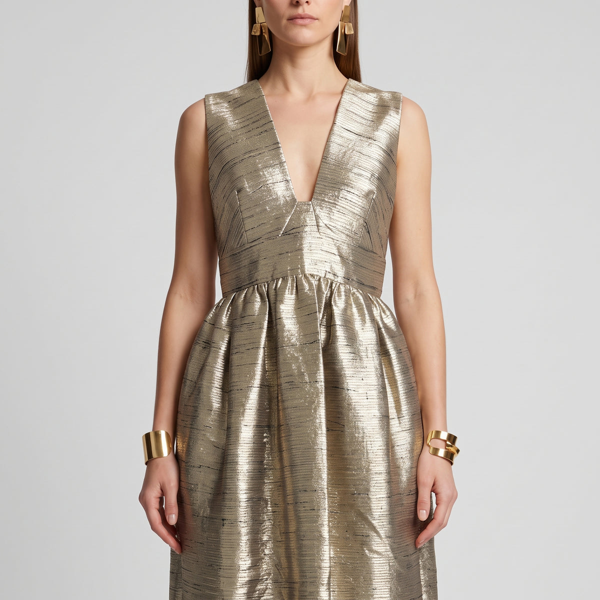 Metallic V-Neck Fit Flare Dress