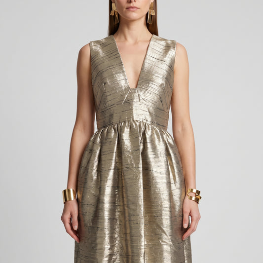 Metallic V-Neck Fit Flare Dress